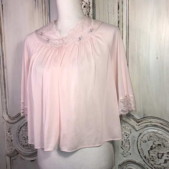 Shadow Line VINTAGE Soft Pink Lace and Embroidery Crop Sleeve Bed Jacket Size S - Picture 3 of 11